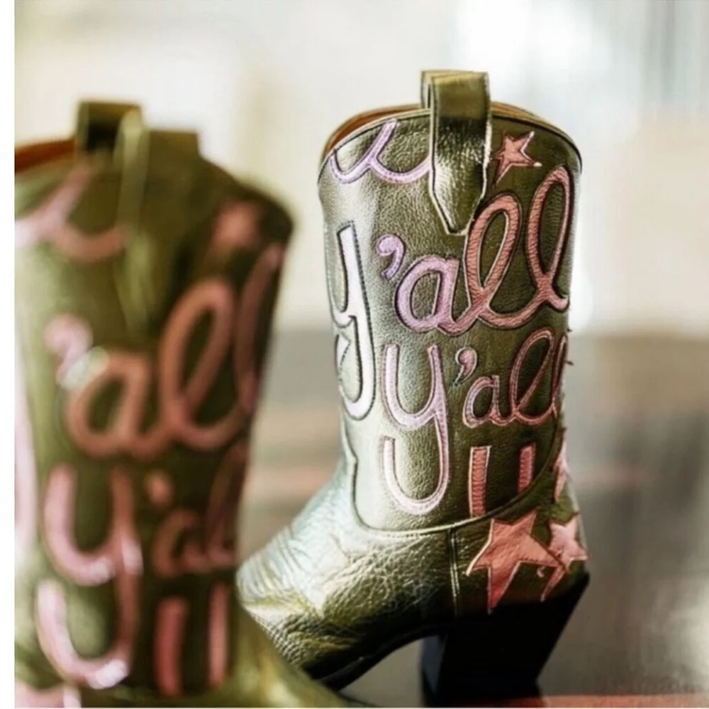 ⭐ Metallic Cowboy Boots for Women - Embroidered Mid Calf Western Cowgirl Boots - Picture 6 of 7